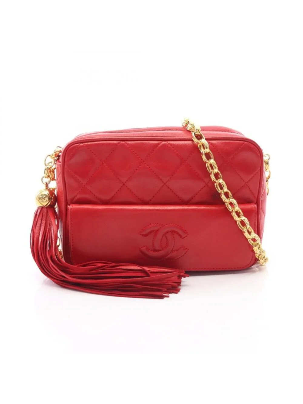 Chanel Shoulder Bag Quilted Tassel Red Lambskin Fringe Bijou Chain